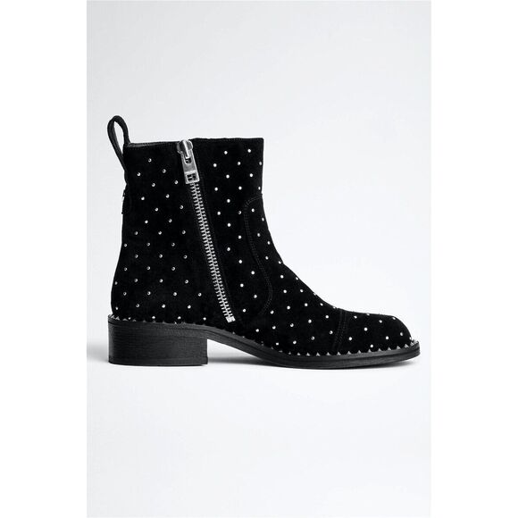 New Zadig & Voltaire Empress Studded Suede Ankle BootsBlack Booties Size 38 - Picture 1 of 13